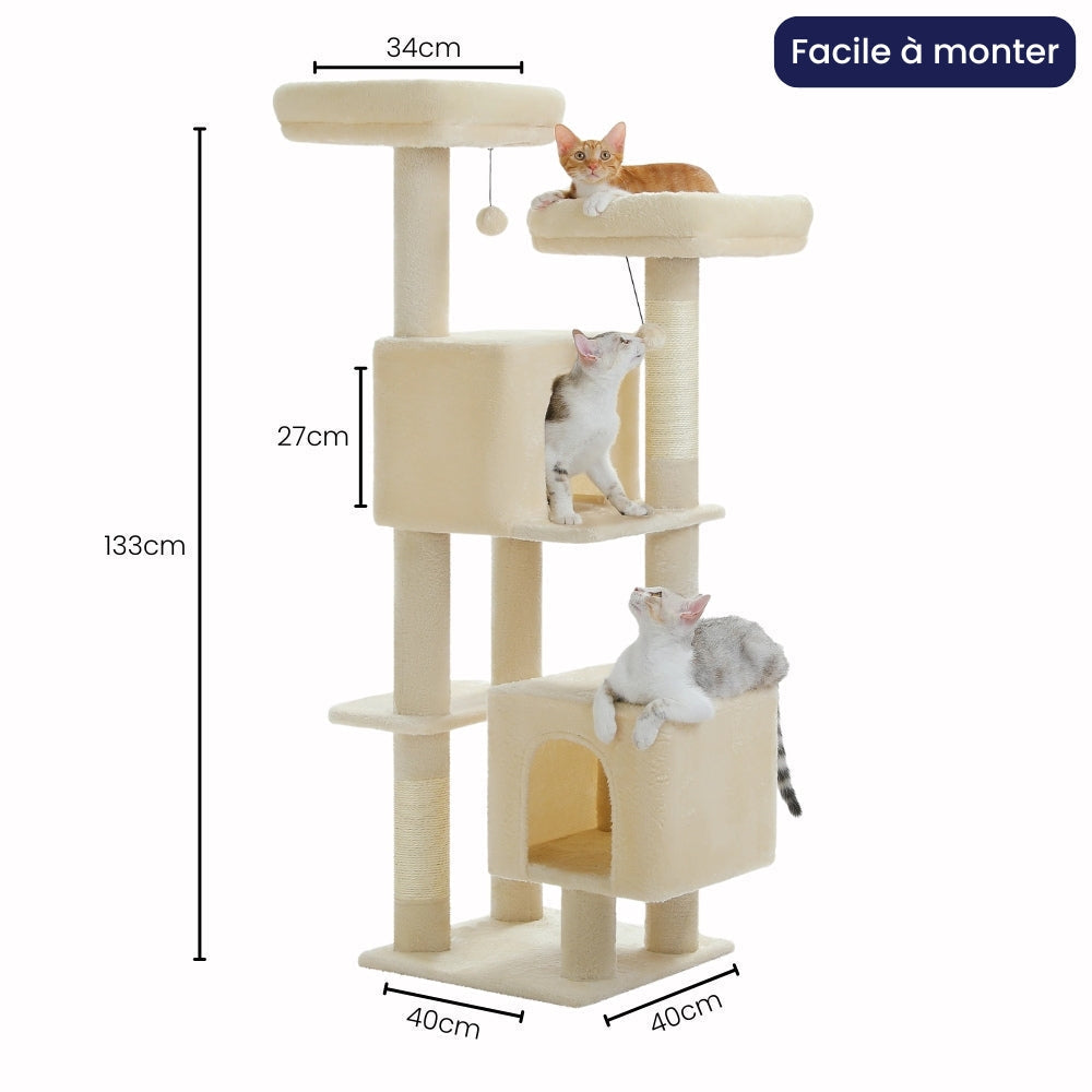 Arbre à Chat 133cm Griffoir Bois | Beige | Perchoir Du Chat