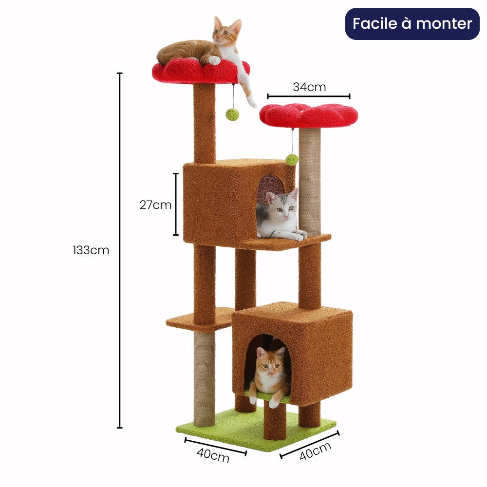 Arbre à Chat 133cm Griffoir Bois | Marron Rouge | Perchoir Du Chat