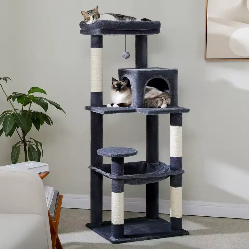 Arbre à Chat 143cm Hamac Bois | Gris | Perchoir Du Chat