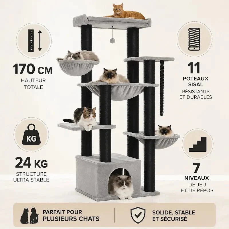 Arbre à Chat 7 Niveaux avec Griffoir et Hamac