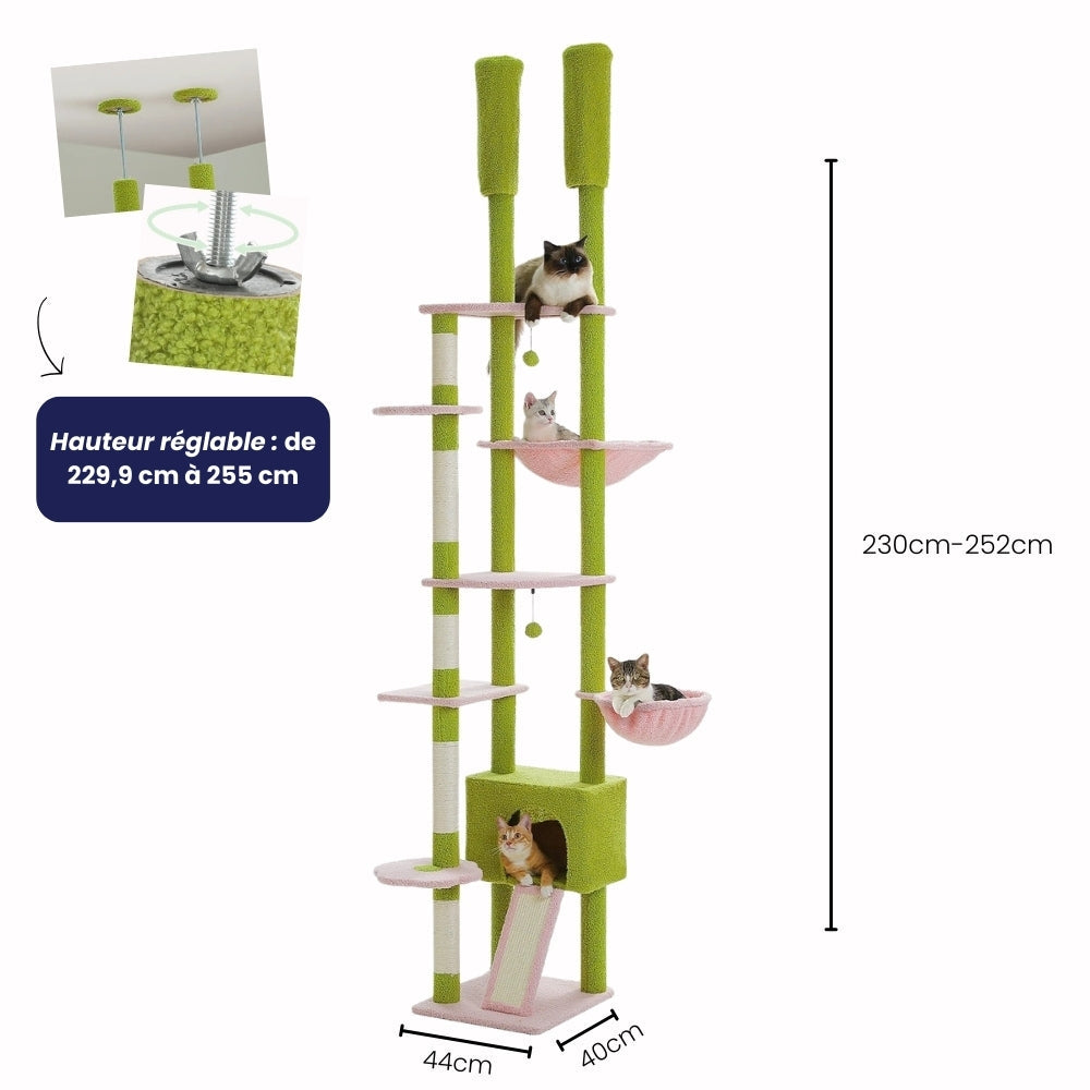 Arbre à Chat Plafond 230-255cm Hamac Bois | Vert | Perchoir Du Chat