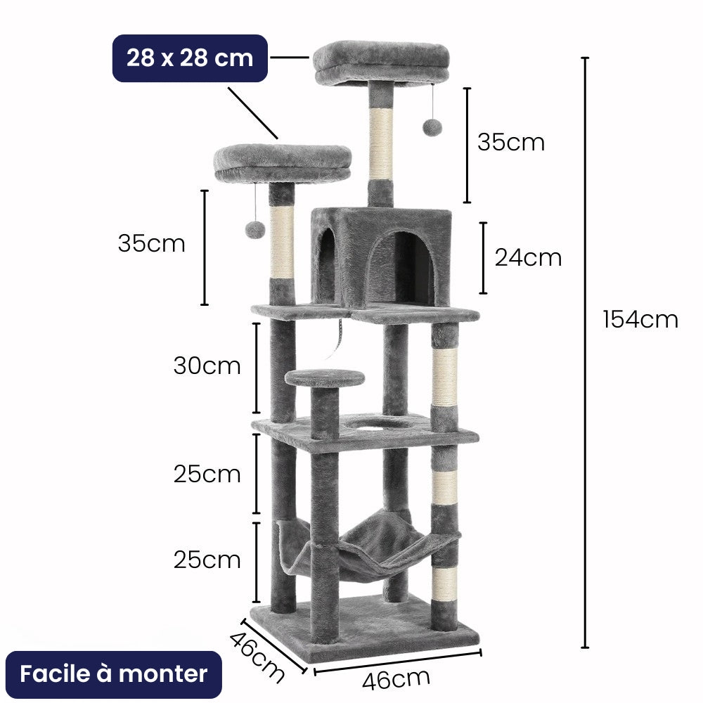 Arbre à Chat pour Maine Coon 154cm Hamac Bois | Gris Anthracite | Perchoir Du Chat