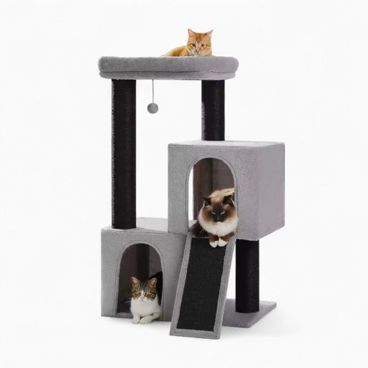 Arbre à Chat 114cm Hamac Bois | Gris | Le Perchoir Du Chat