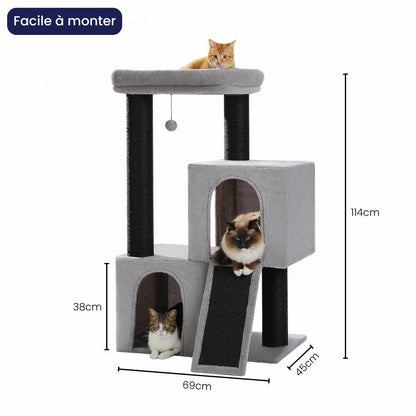 Arbre à Chat 114cm Hamac Bois | Gris | Le Perchoir Du Chat