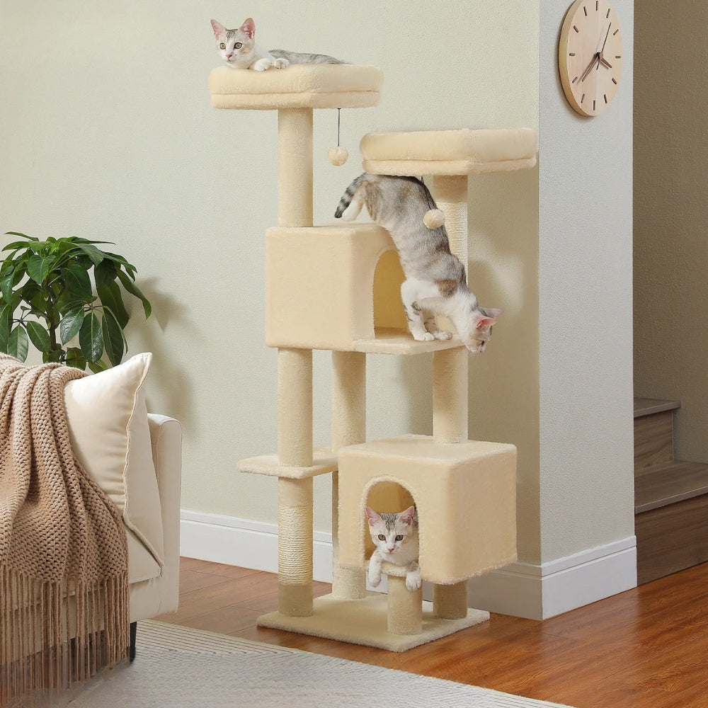 Arbre à Chat 133cm Griffoir Bois | Beige | Perchoir Du Chat