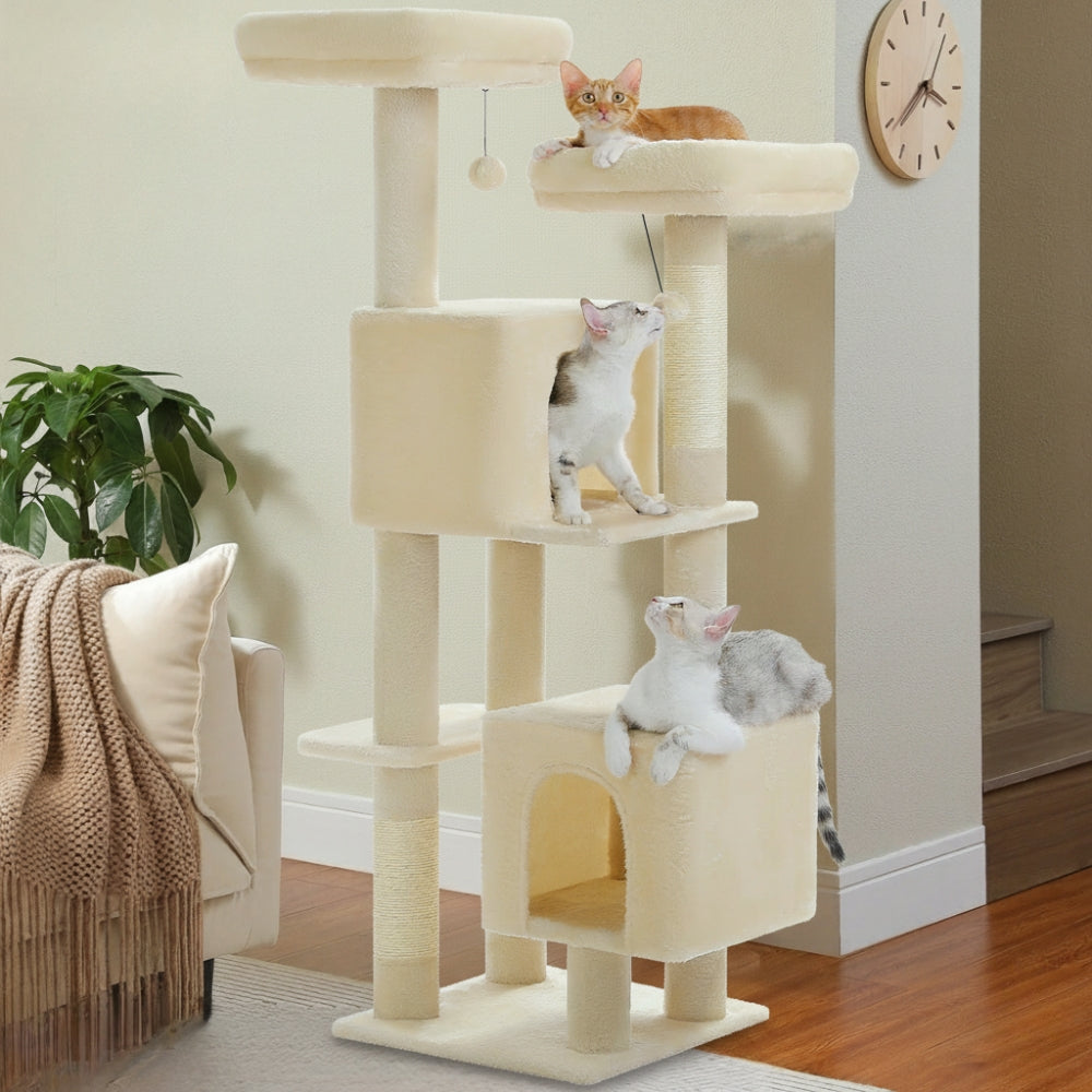 Arbre à Chat 133cm Griffoir Bois | Beige | Perchoir Du Chat