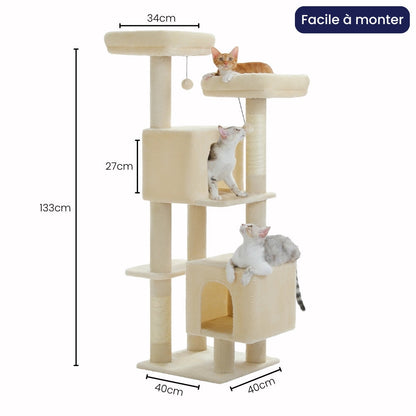Arbre à Chat 133cm Griffoir Bois | Beige | Perchoir Du Chat