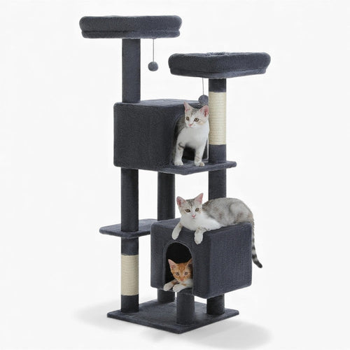 Arbre à Chat 133cm Griffoir Bois Foncé | Gris | Perchoir Du Chat