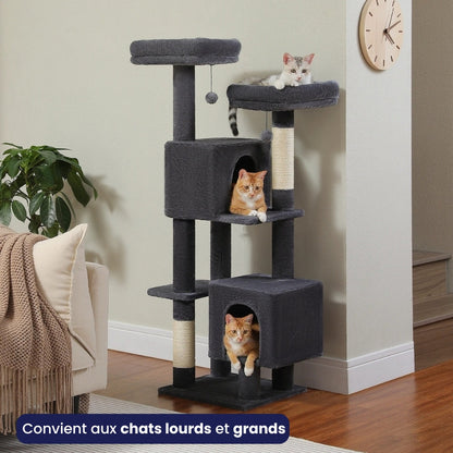 Arbre à Chat 133cm Griffoir Bois Foncé | Gris | Perchoir Du Chat