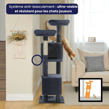 Arbre à Chat 133cm Griffoir Bois Foncé | Gris | Perchoir Du Chat