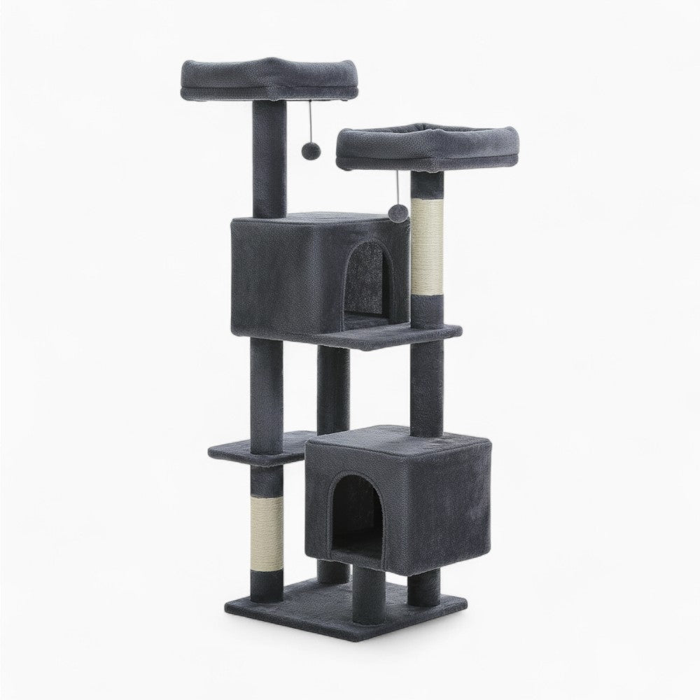 Arbre à Chat 133cm Griffoir Bois Foncé | Gris | Perchoir Du Chat