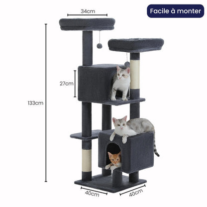 Arbre à Chat 133cm Griffoir Bois Foncé | Gris | Perchoir Du Chat