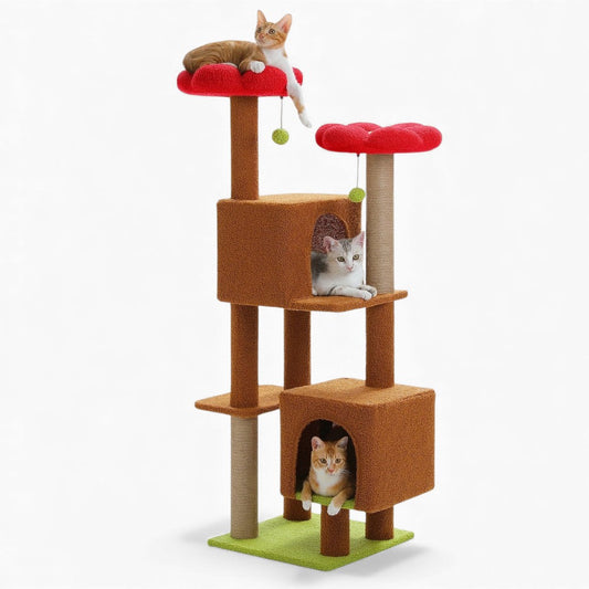 Arbre à Chat 133cm Griffoir Bois | Marron Rouge | Perchoir Du Chat