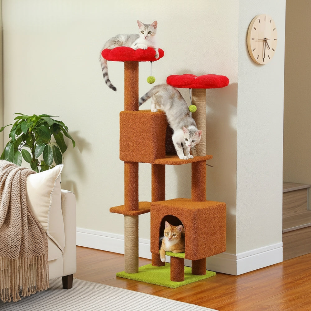 Arbre à Chat 133cm Griffoir Bois | Marron Rouge | Perchoir Du Chat