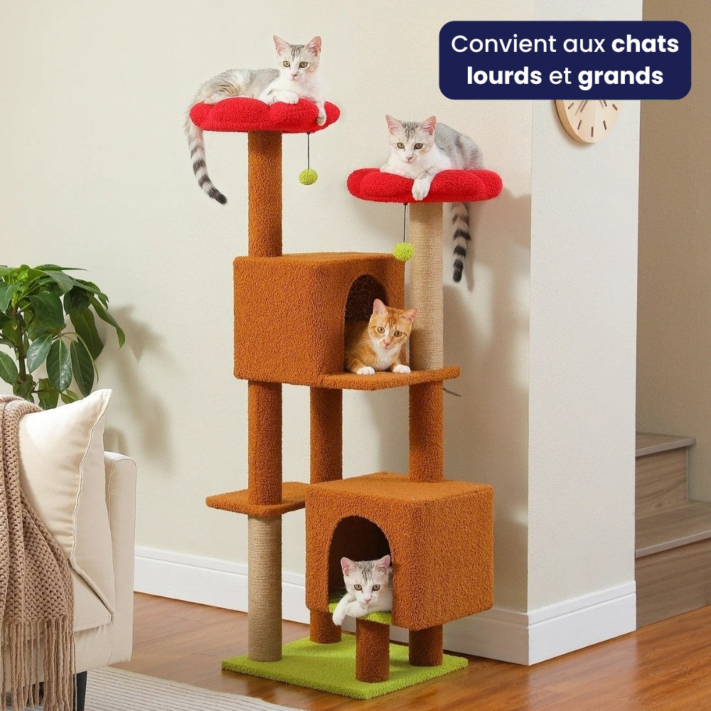 Arbre à Chat 133cm Griffoir Bois | Marron Rouge | Perchoir Du Chat