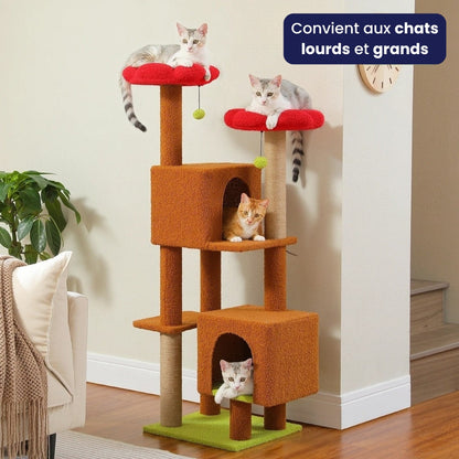 Arbre à Chat 133cm Griffoir Bois | Marron Rouge | Perchoir Du Chat