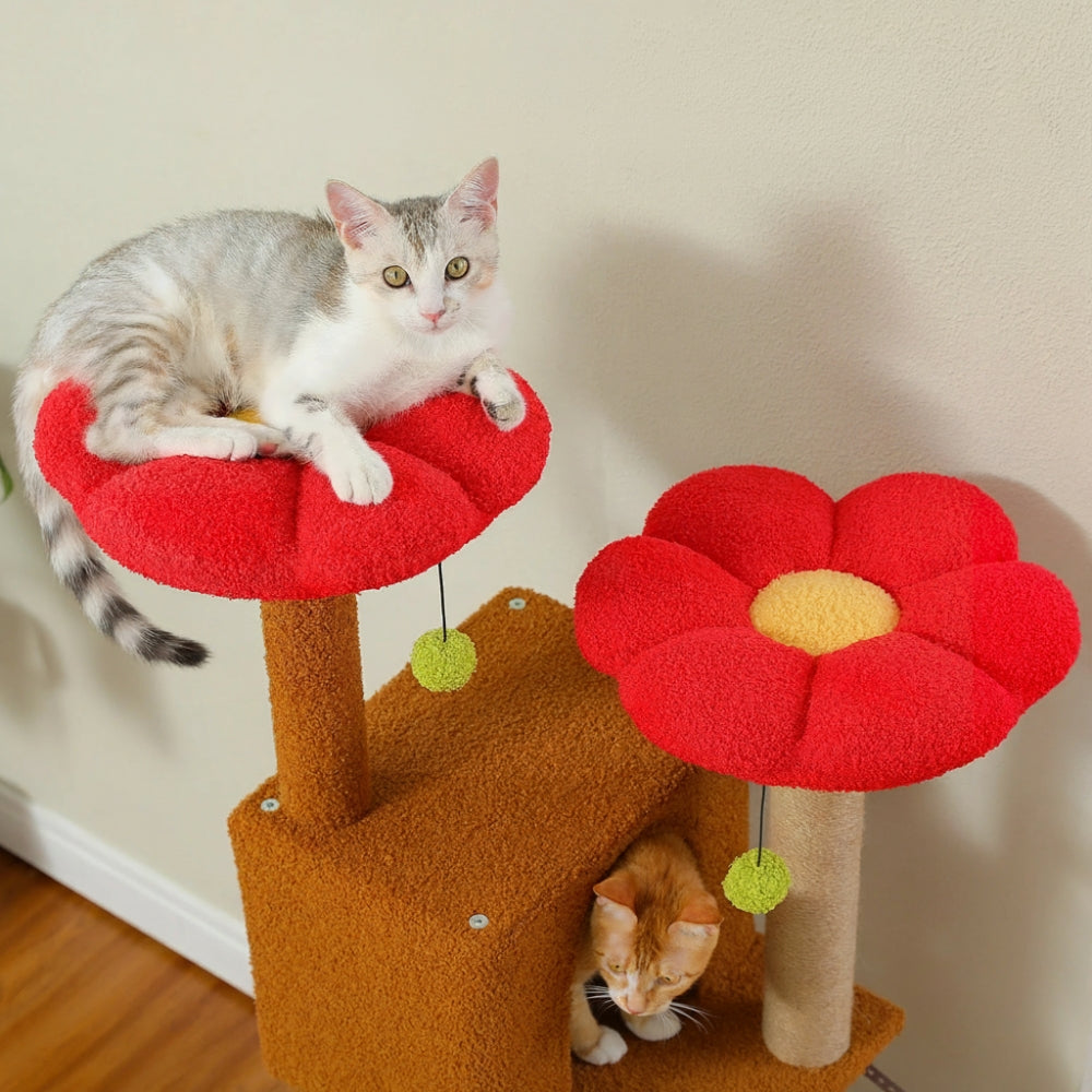 Arbre à Chat 133cm Griffoir Bois | Marron Rouge | Perchoir Du Chat