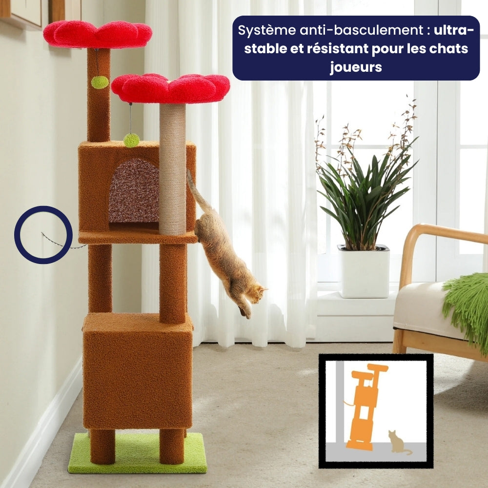 Arbre à Chat 133cm Griffoir Bois | Marron Rouge | Perchoir Du Chat