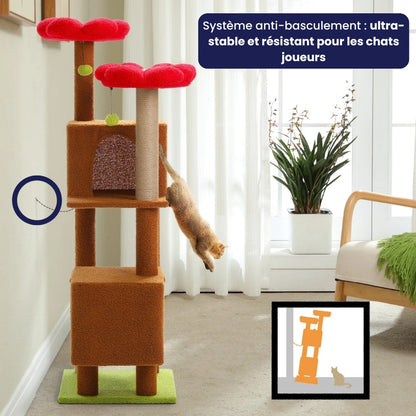 Arbre à Chat 133cm Griffoir Bois | Marron Rouge | Perchoir Du Chat