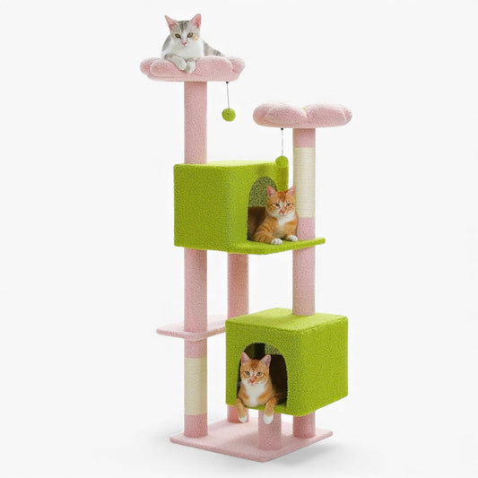 Arbre à Chat 133cm Sisal Bois | Vert Rose | Le Perchoir Du Chat