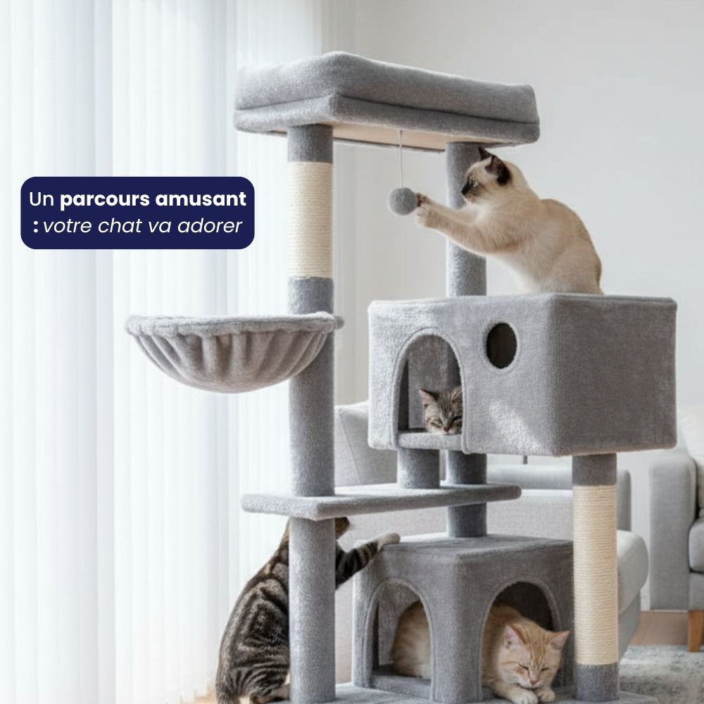 Arbre à Chat 143cm Hamac Bois | Gris | Le Perchoir Du Chat