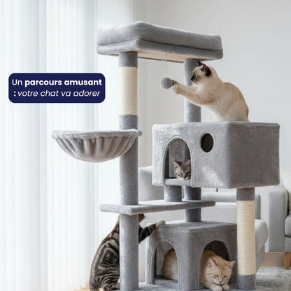 Arbre à Chat 143cm Hamac Bois | Gris | Le Perchoir Du Chat