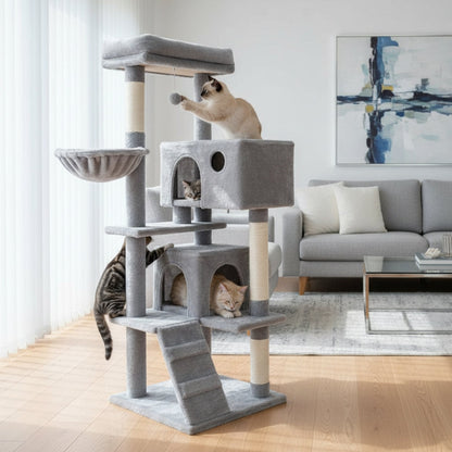 Arbre à Chat 143cm Hamac Bois | Gris | Le Perchoir Du Chat