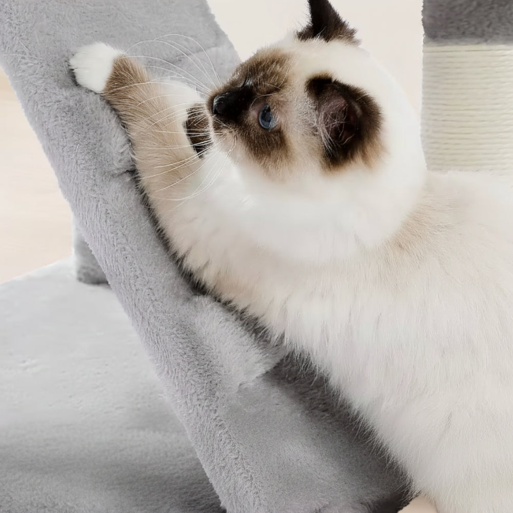 Arbre à Chat 143cm Hamac Bois | Gris | Le Perchoir Du Chat
