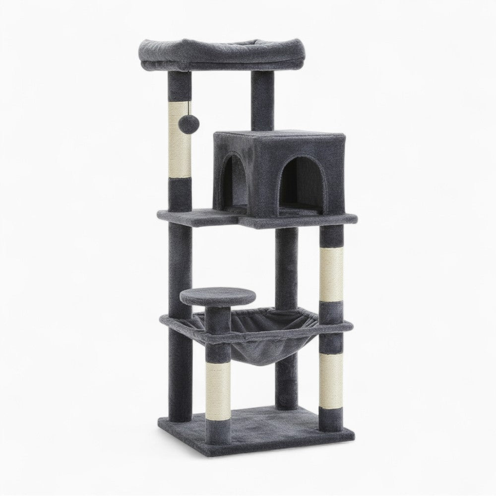 Arbre à Chat 143cm Hamac Bois | Gris | Perchoir Du Chat