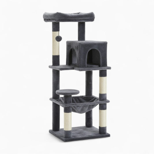 Arbre à Chat 143cm Hamac Bois | Gris | Perchoir Du Chat