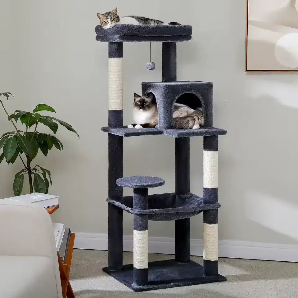 Arbre à Chat 143cm Hamac Bois | Gris | Perchoir Du Chat