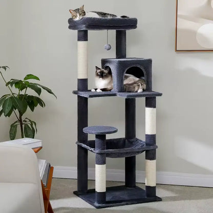 Arbre à Chat 143cm Hamac Bois | Gris | Perchoir Du Chat