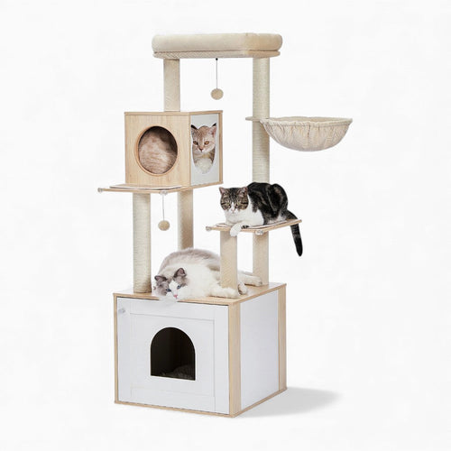 Arbre à Chat 144cm Hamac Bois | Beige | Perchoir Du Chat