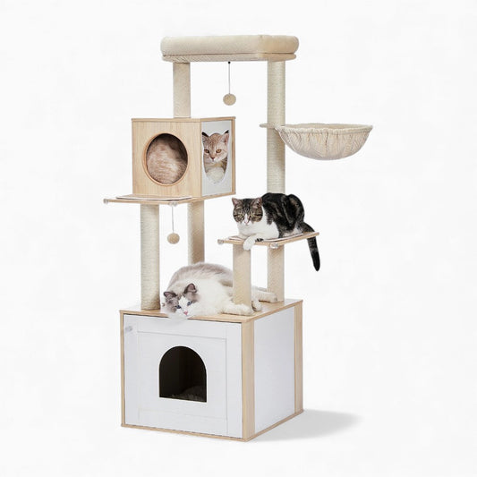 Arbre à Chat 144cm Hamac Bois | Beige | Perchoir Du Chat