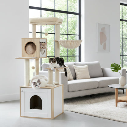 Arbre à Chat 144cm Hamac Bois | Beige | Perchoir Du Chat