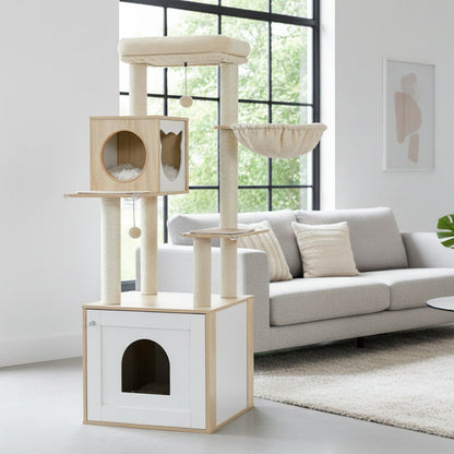 Arbre à Chat 144cm Hamac Bois | Beige | Perchoir Du Chat