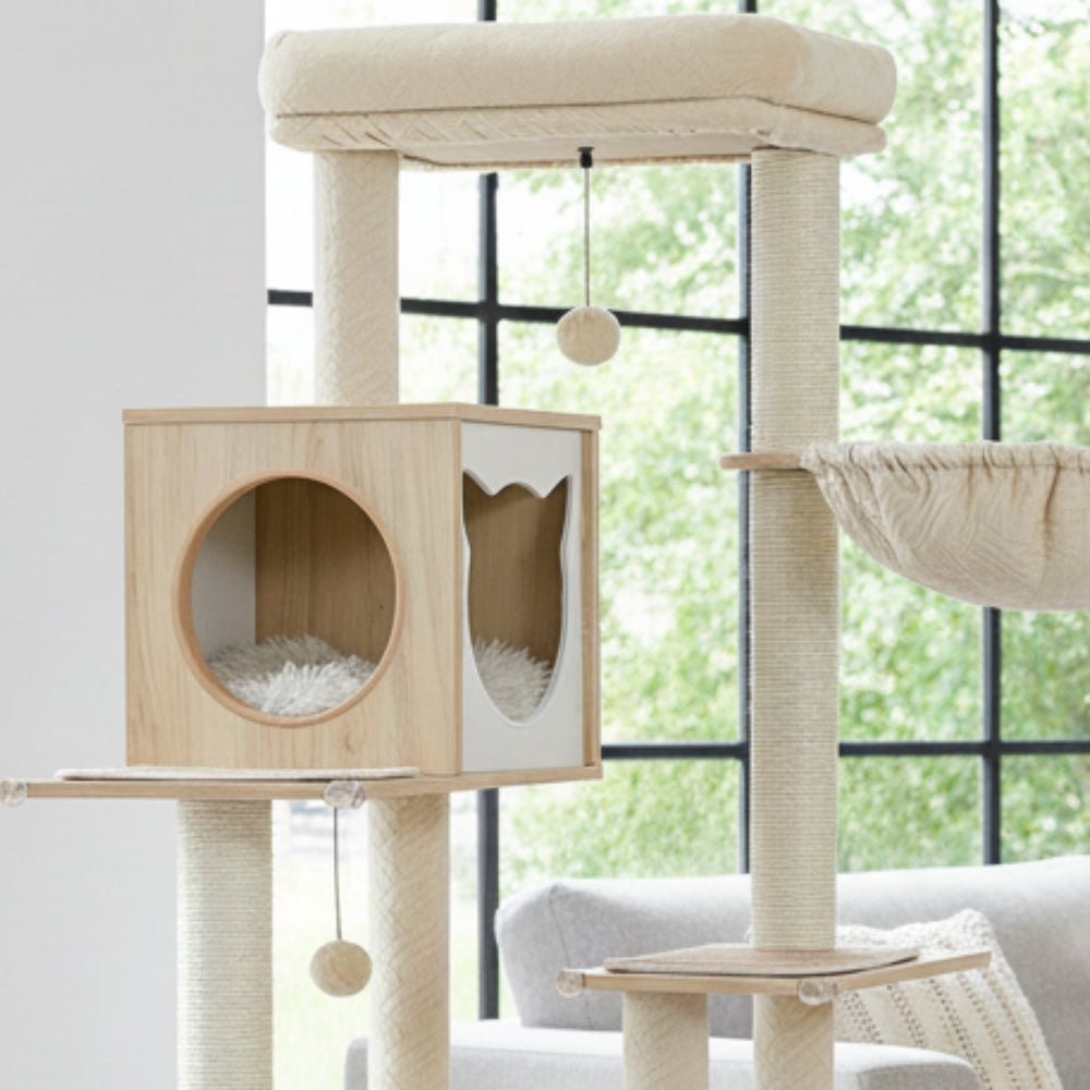 Arbre à Chat 144cm Hamac Bois | Beige | Perchoir Du Chat