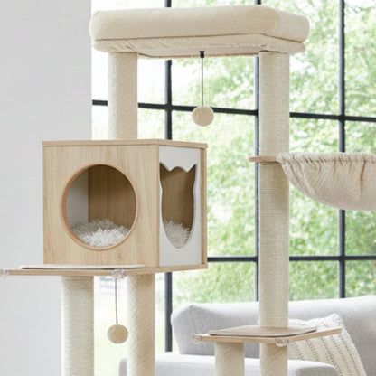 Arbre à Chat 144cm Hamac Bois | Beige | Perchoir Du Chat