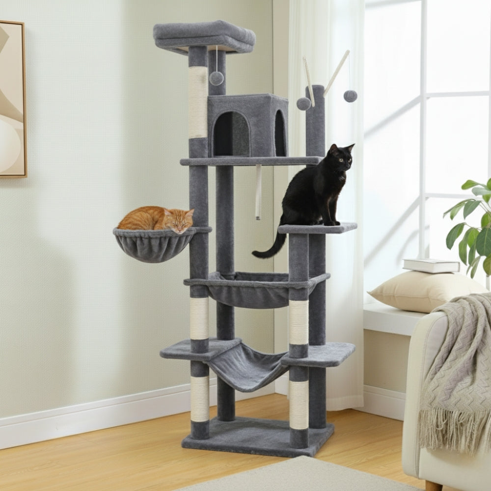 Arbre à Chat 145cm Hamac Foncé | Moderne Gris | Perchoir Du Chat