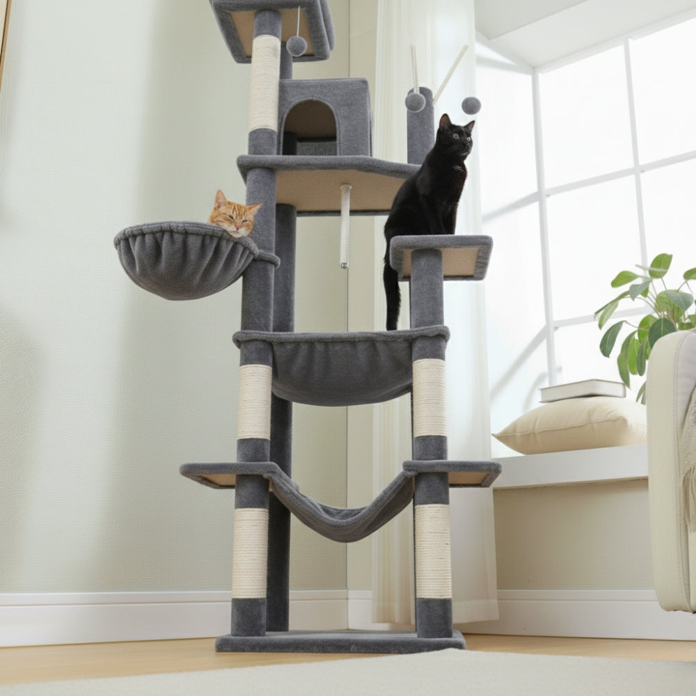 Arbre à Chat 145cm Hamac Foncé | Moderne Gris | Perchoir Du Chat