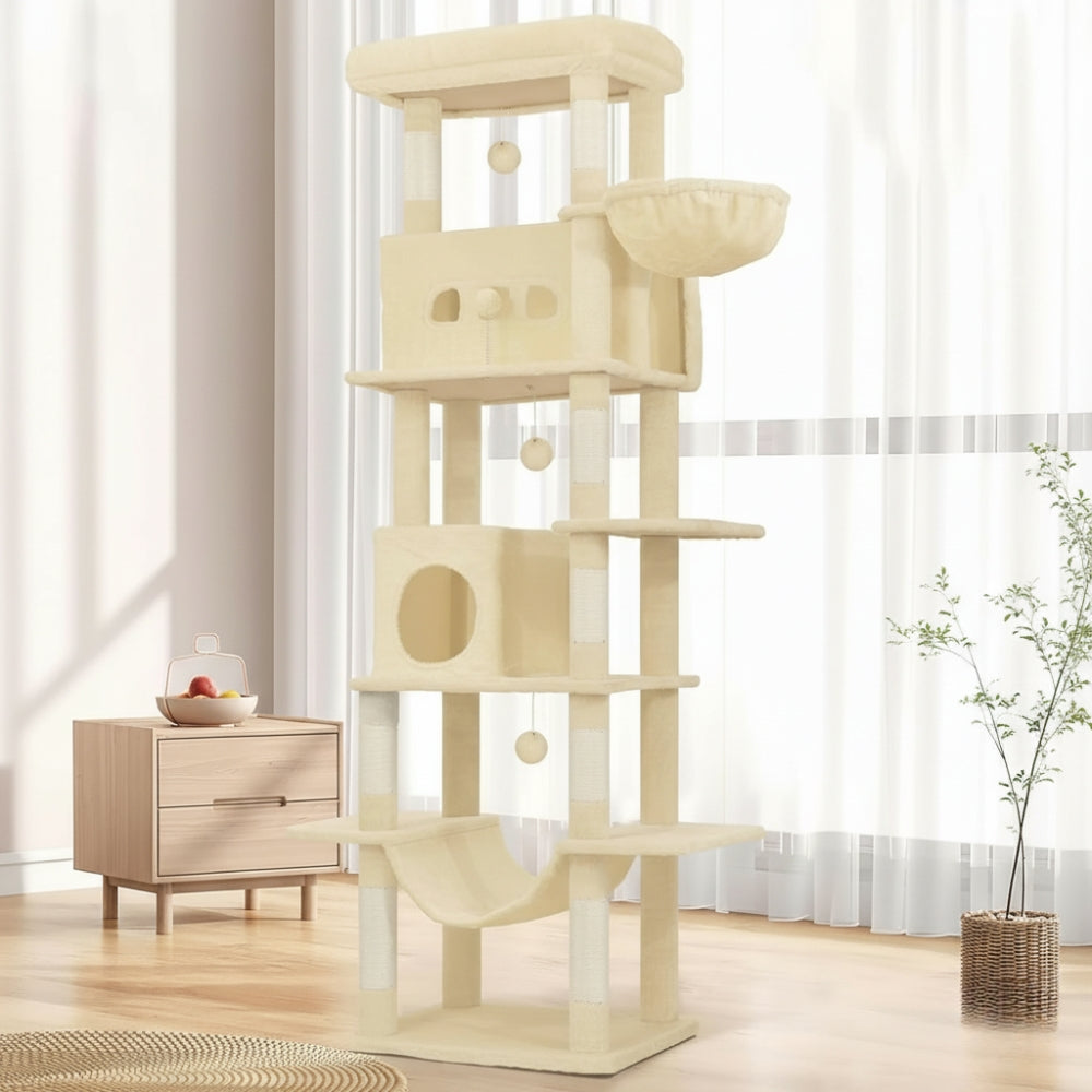 Arbre à Chat 170cm Hamac Bois | Beige | Perchoir Du Chat