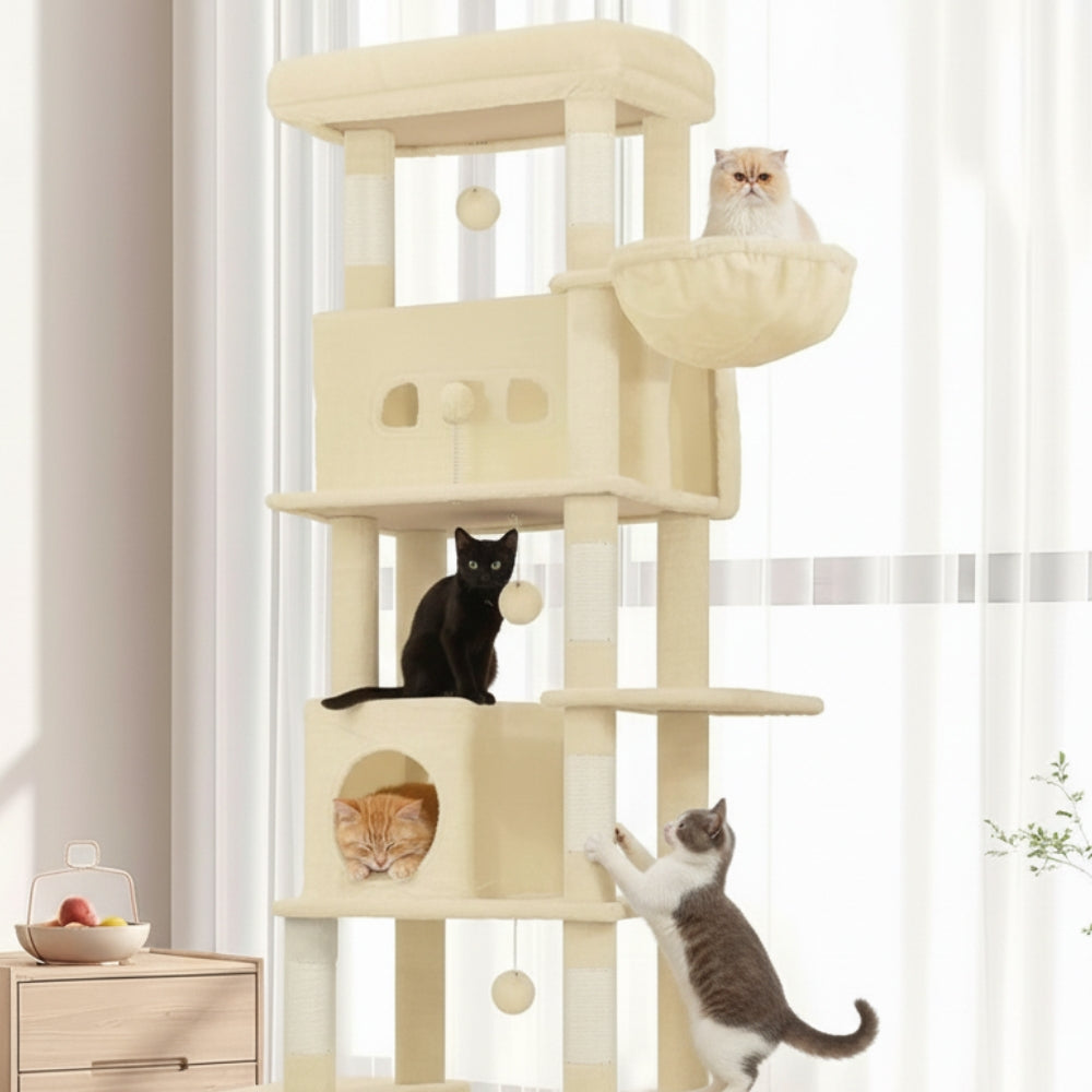 Arbre à Chat 170cm Hamac Bois | Beige | Perchoir Du Chat