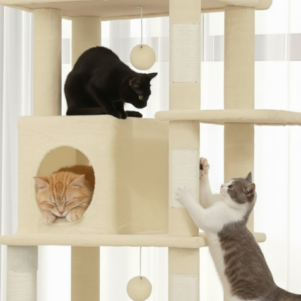 Arbre à Chat 170cm Hamac Bois | Beige | Perchoir Du Chat