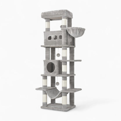 Arbre à Chat 170cm Hamac Bois Clair | Gris | Perchoir Du Chat