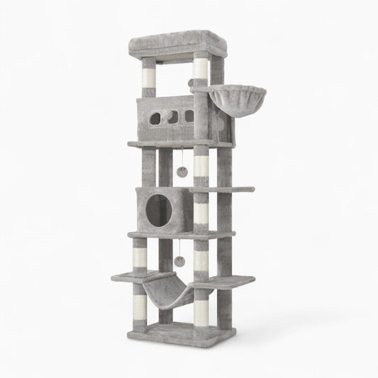 Arbre à Chat 170cm Hamac Bois Clair | Gris | Perchoir Du Chat
