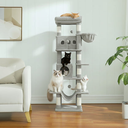 Arbre à Chat 170cm Hamac Bois Clair | Gris | Perchoir Du Chat