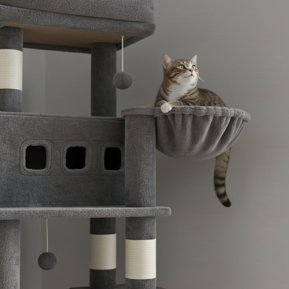 Arbre à Chat 170cm Hamac Bois Foncé Clair | Perchoir Du Chat