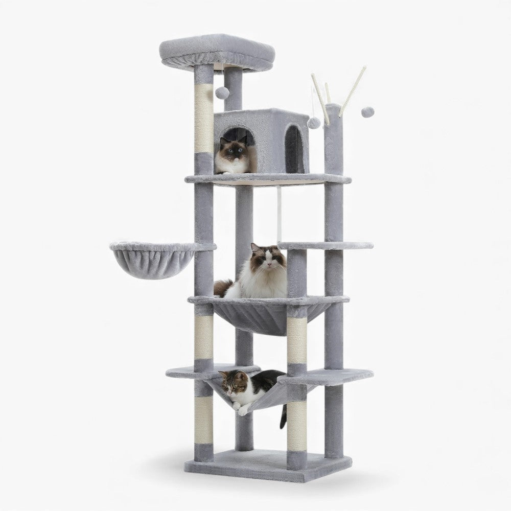 Arbre à Chat 175cm Hamac Bois | Gris | Perchoir Du Chat