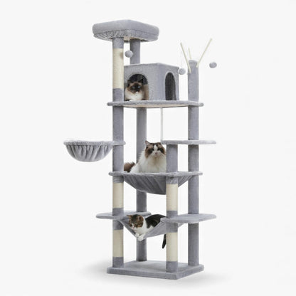 Arbre à Chat 175cm Hamac Bois | Gris | Perchoir Du Chat