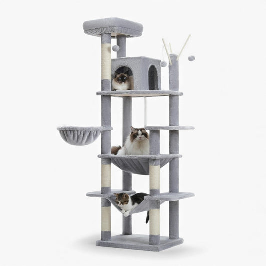 Arbre à Chat 175cm Hamac Bois | Gris | Perchoir Du Chat